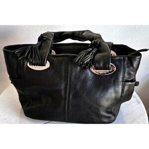 Tosca Blu Black Pebbled Leather Tote Bag with Tassels and Silver Hardware